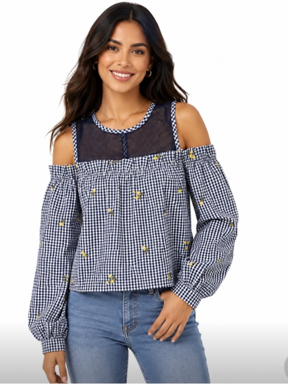 Maxsport Cold-Shoulder Navy Gingham Blouse with Yellow Floral Detail